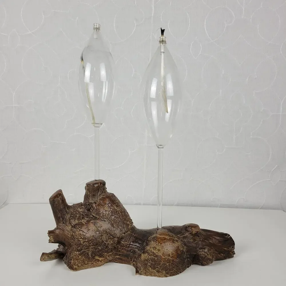 Vintage Burl Root Oil Candle Lamp Glass Lantern Wood Base Retro MCM Decor